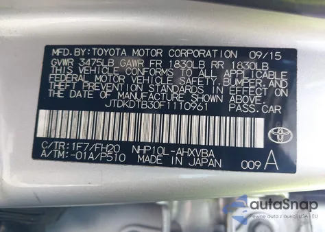 2015 Toyota Prius C One z USA, uszkodzony, nr VIN JTDKDTB30F1110961